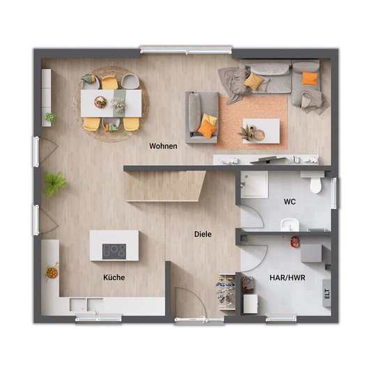 Erdgeschoss des Flair 134 mit offenem, großzügigen Wohnbereich und eleganter Treppe.