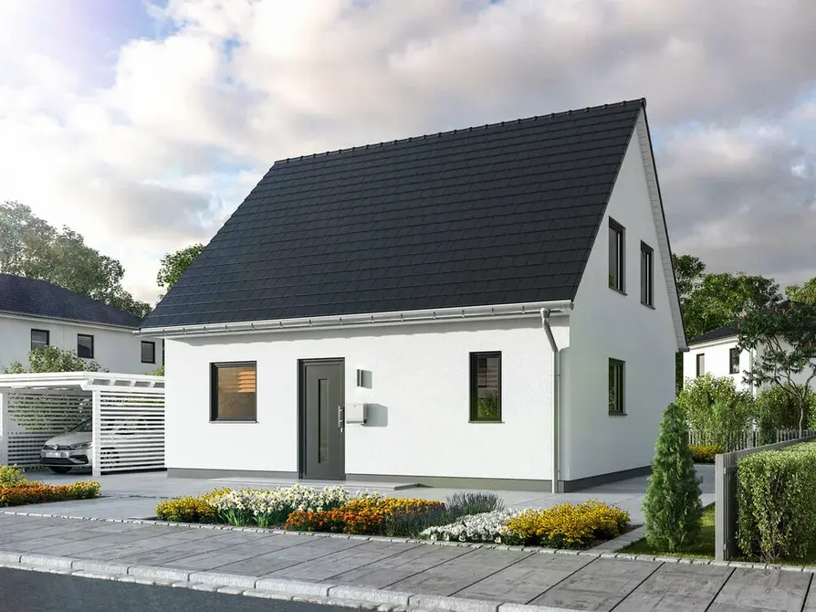Blick von Straße auf das Einfamilienhaus Flair 113 mit Satteldach in Variante Elegance