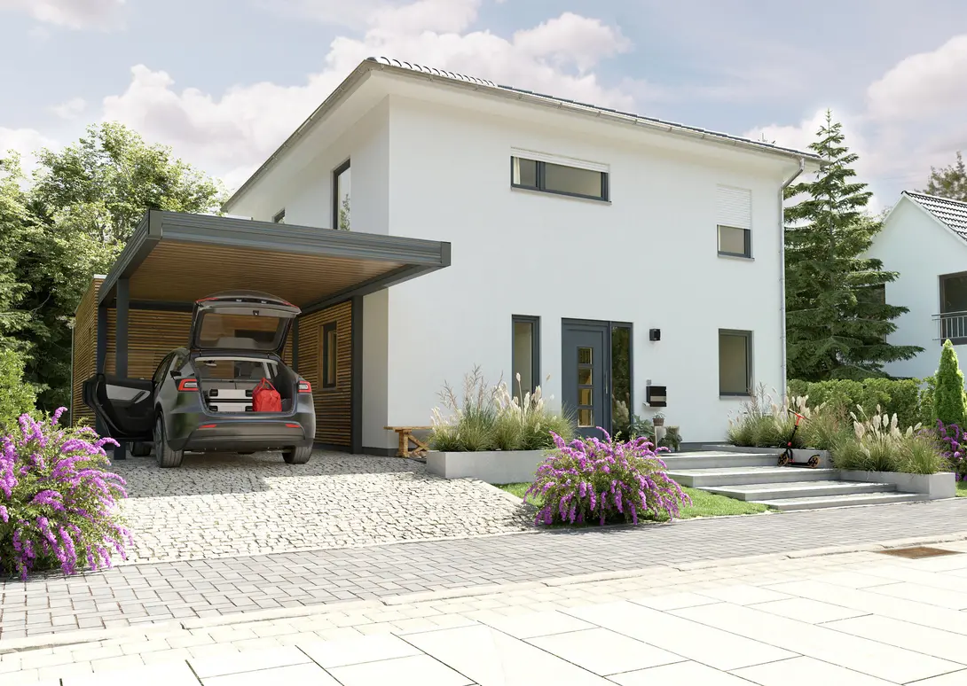 Einfamilienhaus-Flair-124-Kubus-Carport-Holz-Strassenansicht